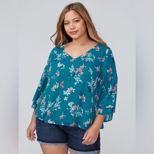 LB Top Teal with Floral Print Flutter 3/4 Sleeve v-Neck Lined 14/16